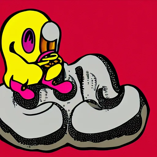 Image similar to Pacman eating a mushroom. Digital art.