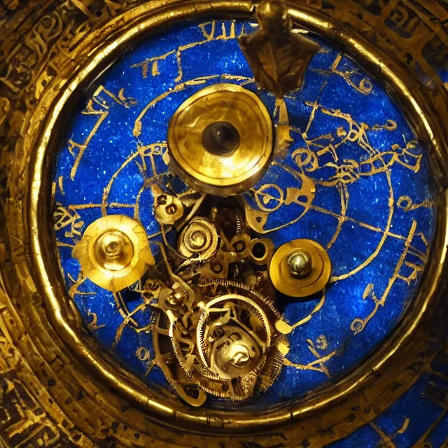 Prompt: a dramatically lit photo of an ancient, powerful brass and gold artifact spherical artifact, covered in dials and ancient egyptian markings, with two arrows, glowing from within, filled with gears glimpsed inside, with a dark blue star - chart