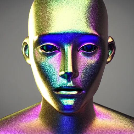 Image similar to 3d render of holographic human robotic head made of glossy iridescent, surrealistic 3d illustration of a human face non-binary, non binary model, 3d model human, cryengine, made of holographic texture, holographic material, holographic rainbow, concept of cyborg and artificial intelligence