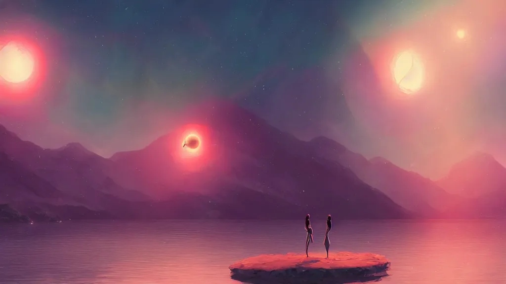 Image similar to beautiful seductive women standing in a lake reaching for the stars, underneath a multi-colored binary blackhole with an accretion disc, by Lois van Baarle, by Greg Rutkowski, by artgerm, by beeple, volumetric lighting, 4k resolution, octane render, trending on artstation