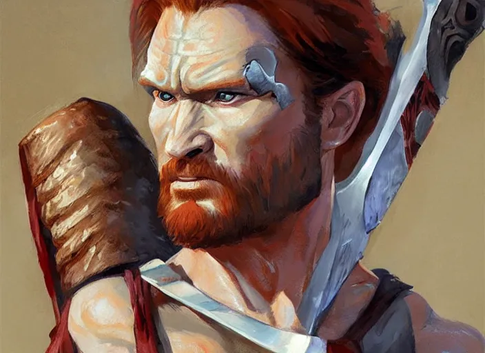 Image similar to a highly detailed beautiful portrait of conan o'brien as kratos, by gregory manchess, james gurney, james jean