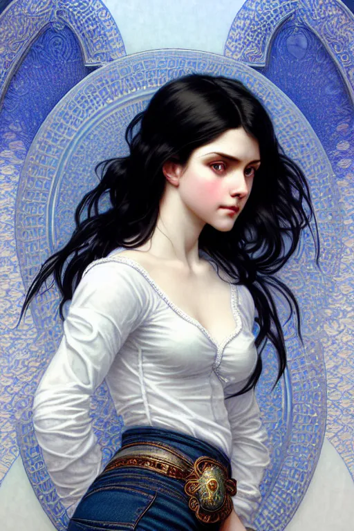 Image similar to ultra realistic, Beautiful black haired woman, Porcelain white complexion, big blue eyes, cute small lips., wearing jeans and white blouse, whip in hand, intricate details, eerie, highly detailed, octane render, 8k, art by artgerm and alphonse mucha and greg rutkowski