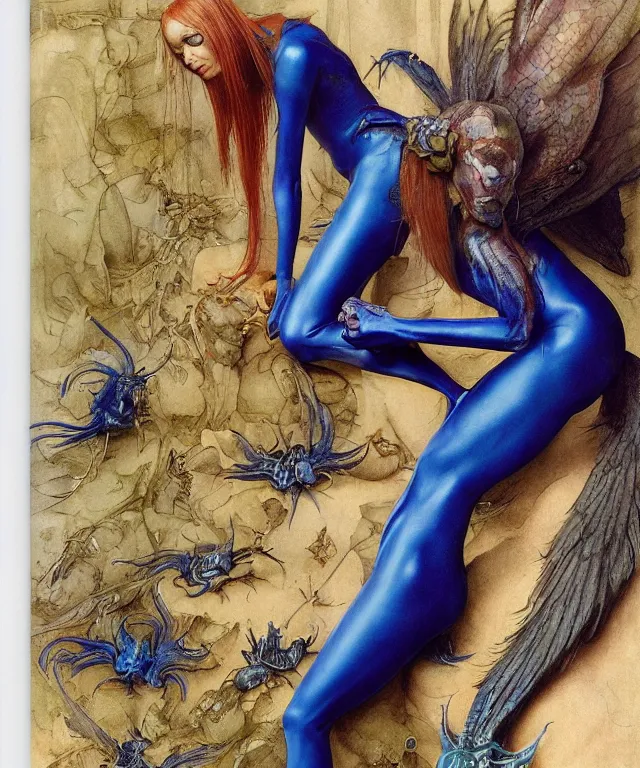 Image similar to a portrait photograph of a blue skinned harpy succubus with slimy skin being transformed into a beautiful alien. she looks like sadie sink and is wearing a colorful infected sleek organic catsuit. by donato giancola, hans holbein, walton ford, gaston bussiere, peter mohrbacher and brian froud. 8 k, cgsociety, fashion editorial