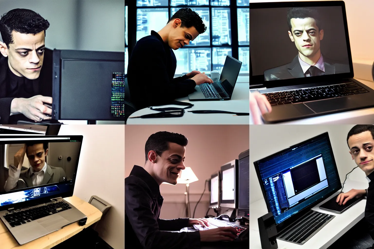 Prompt: rami malek hacking a computer with linux, matrix style, photorealistic, high contrast