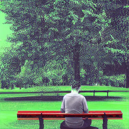 Prompt: a man sitting on a bench in the park writing in his notebook, a guitar is next to him on his bench, digital art