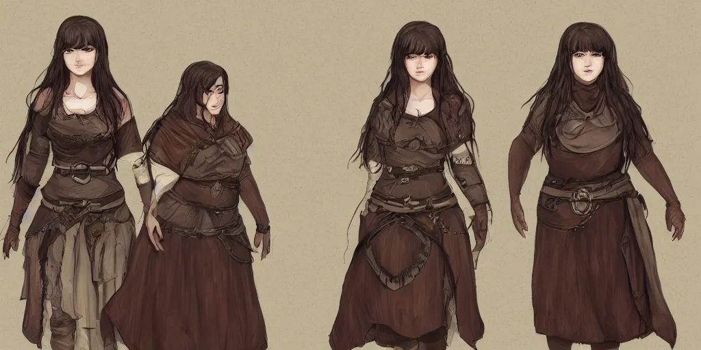 Image similar to two siblings, 2 5 years old women : : dark straight hair : : slightly overweight : : brown medieval cloting, natural materials : : high detail, digital art, illustration, realistic, rpg, fantasy