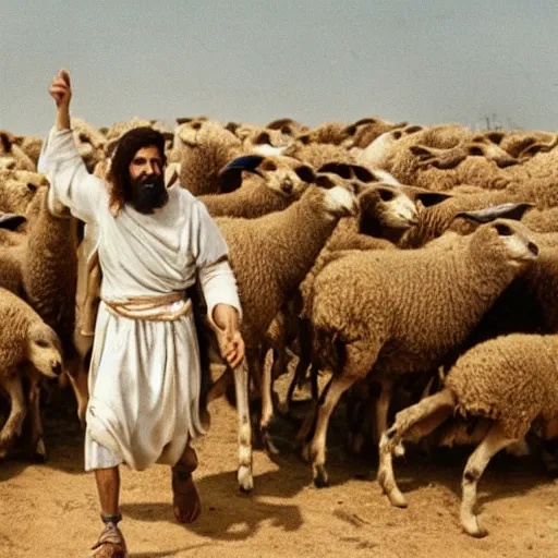 Prompt: cinematic Still of 30 year old Mediterranean skinned man in ancient Canaanite shepherd clothing, shepherding a flock of sheep, in a Biblical epic