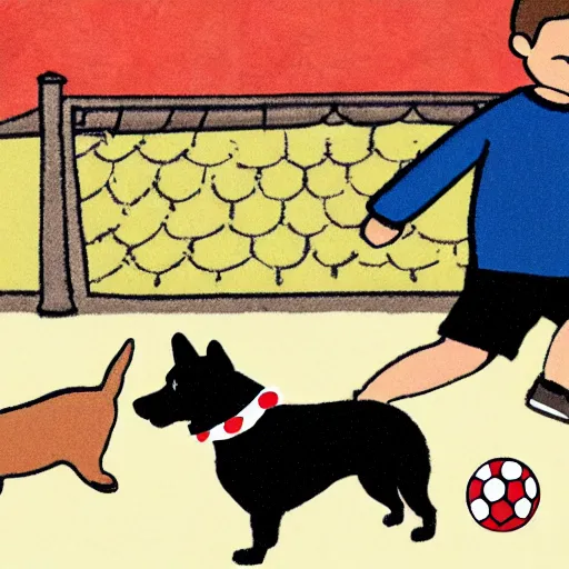 Prompt: illustration of french boy in paris playing football against a corgi, the dog is wearing a polka dot scarf