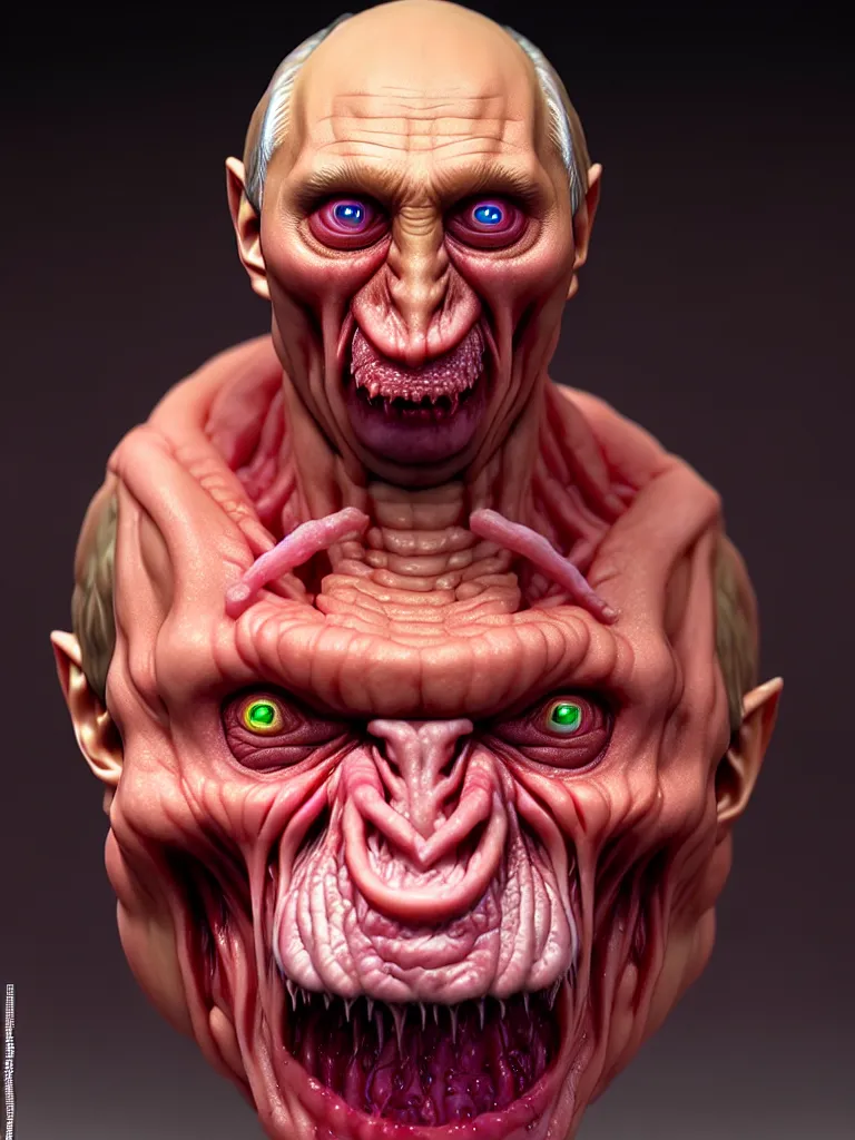 Image similar to hyperrealistic rendering, fat smooth cronenberg flesh monster vladimir putin by donato giancola and greg rutkowski and wayne barlow and zdzisław beksinski, eyeballs, product photography, action figure, sofubi, studio lighting, colored gels, colored background