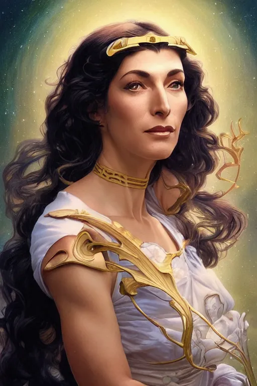 Image similar to claudia black as deanna troi, masterpiece, intricate, elegant, highly detailed, digital painting, artstation, concept art, smooth, sharp focus, illustration, art by artgerm and greg rutkowski and alphonse mucha and uang guangjian and gil elvgren and sachin teng, symmetry!!