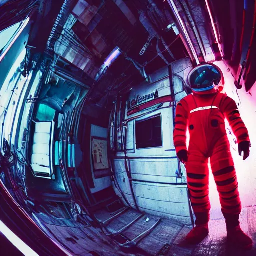 Image similar to color photo of fit man going in spacesuit in cyberpunk city in red and white light from ground level fisheye, cyberpunk, hyper detailed, old camera - H 1280 - 720