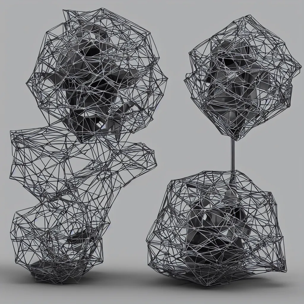 Image similar to 3 d render of a wireframe of melted platonic solids, sculpture, chrometype, liquid metal, neotribal, raytraced, volumetric lightning, 8 k, by zhelong xu, tooth wu, wlop, ouchh and and innate studio