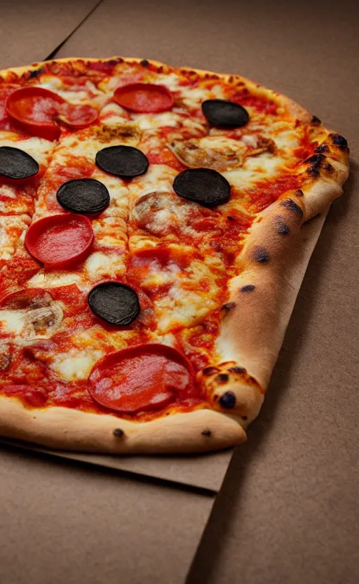 Image similar to photograph. pizza with eyes, photo, photorealistic, realistic, detailed, hyperrealistic, 4 k, 8 k, hdr, 1 6 k