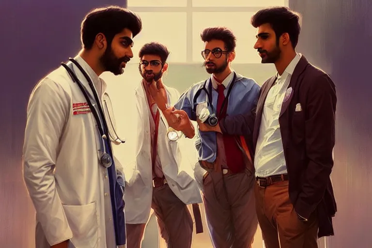 Prompt: Enraged good looking pale young Indian doctors wearing American clothes chatting at the airport, portrait, elegant, intricate, digital painting, artstation, concept art, smooth, sharp focus, illustration, art by artgerm and greg rutkowski and alphonse mucha