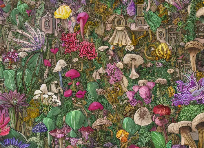 Prompt: an hyperdetailed illustration of a lot of maximalist flowers and plants and poison mushrooms, tall aged stone, with elaborate mechanics. seen from the distance, hd matte paper background in soft natural tones.