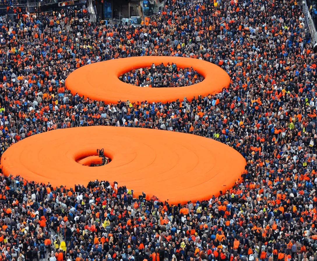 Image similar to a huge orange ring which is used for transport, in front of it are many people that want to travel with it, they have to hop on a giant moving floor to reach the ring