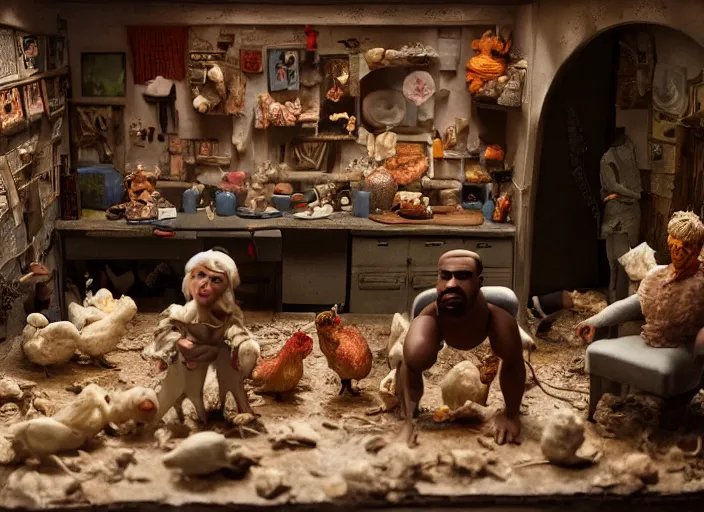 Image similar to detailed studio photography of a claymation diorama of kanye west hosting a party for chicken, zeiss lens, detailed, by erwin olaf, joop geesink, wes anderson, jim henson, brian froud, breathtaking, 8 k resolution, beautiful lighting, studio light, extremely detailed, establishing shot, realistic materials, hyperrealistic