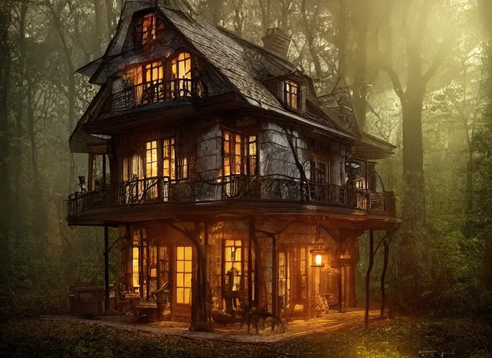 Prompt: house in a clearing in the middle of the forest, beautifully lit, steampunk, by france belleville - van stone