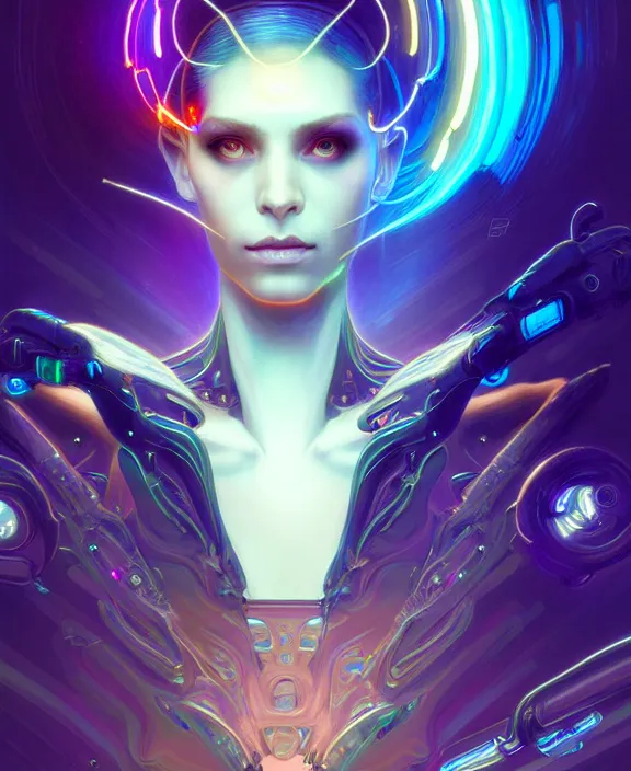 Image similar to a whirlwind of souls rushing inside the metaverse, hologram, half body, neurochip, shaved temple, piercing, jewelry, android, cyborg, cyberpunk face, by loish, d & d, fantasy, intricate, elegant, highly detailed, colorful, digital painting, artstation, concept art, art by artgerm and greg rutkowski and alphonse mucha