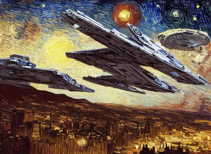 Image similar to a single battle spaceship taking off seen from the surface of a metropolis city, star wars, digital art, trending on art station, in the art style of vincent van gogh starry night