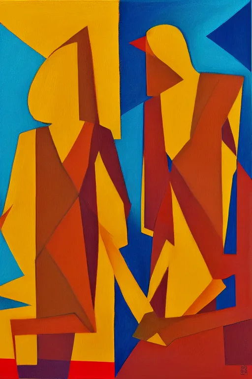 Image similar to neo cubistic painting of two tall figures, sandy yellow muted colors, in the style of Jessalyn Brooks