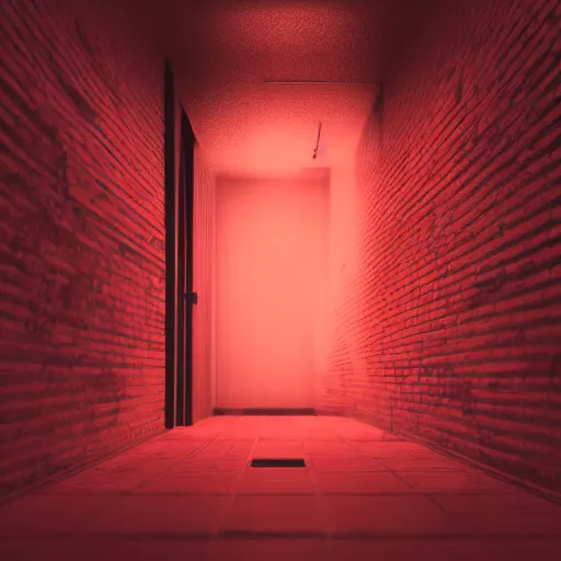 Image similar to photograph of an extremely dark narrow hallway with glowing humanoid monster made out of tv static, dark deep black shadows, red and black color contrast in the style of trevor henderson, liminal space, 3 d octane render, glitch effect