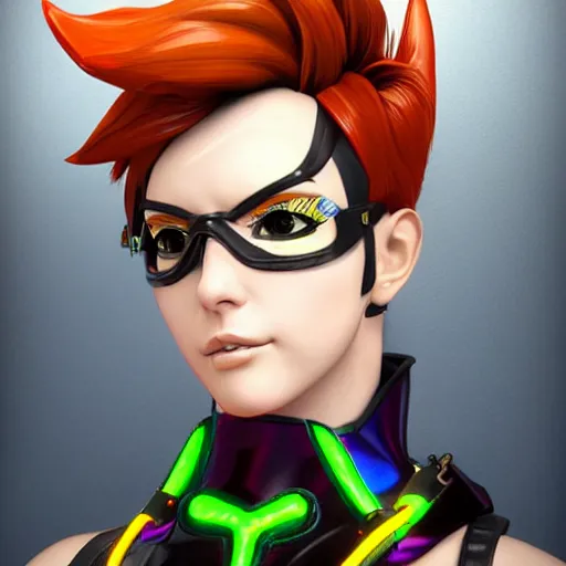 Image similar to portrait bust digital artwork of tracer overwatch, wearing iridescent rainbow latex and leather straps catsuit outfit, neon makeup, in style of mark arian, angel wings, wearing detailed leather collar, chains, black leather harness, detailed face and eyes,