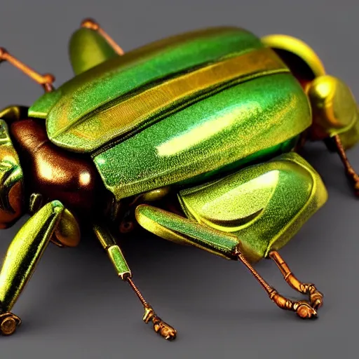 Prompt: a close up of a green and gold bug, an art deco sculpture by louis comfort tiffany, trending on cgsociety, cloisonnism, made of insects, steampunk, art deco