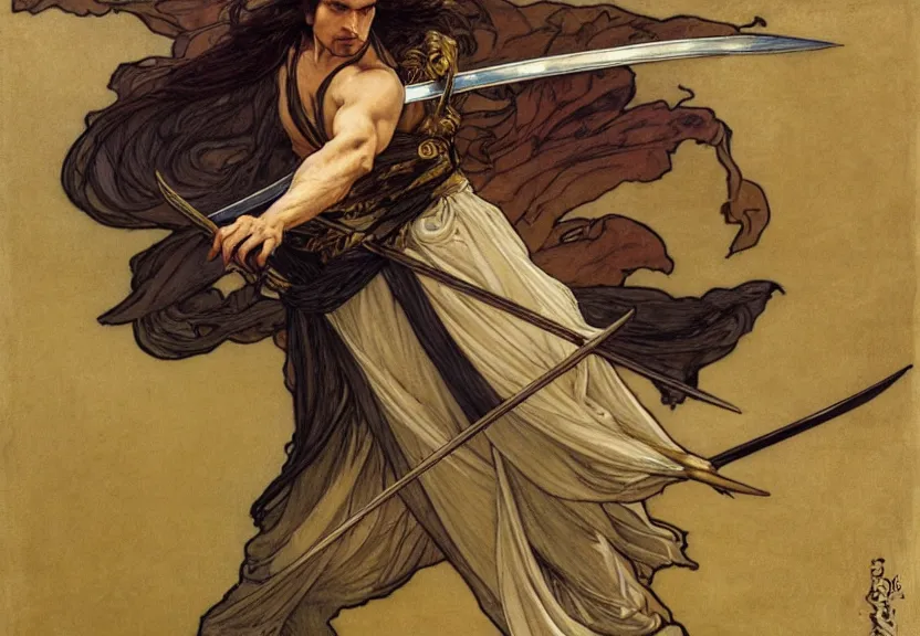 Prompt: one golden swordsman wielding two swords leans back as he dances elegantly in the wind, his robes and long hair flowing in the breeze, fantasy, Mucha, MTG, Game of Thrones, salsa dancing, Rossetti, Millais, anatomically correct