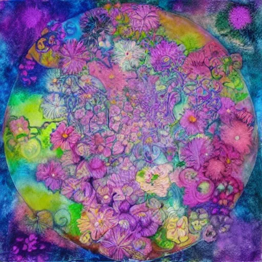 Prompt: Mixed media art. This illustration is a large canvas, covered in a wash of color. In the center is a cluster of flowers, their petals curling and twisting in on themselves. The effect is ethereal and dreamlike, and the overall effect is one of serenity and peace. by Toyo Ito robust