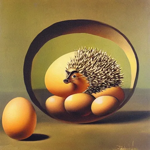 Image similar to A pair of hedgehogs and a floating egg, oil painting by Salvador Dali