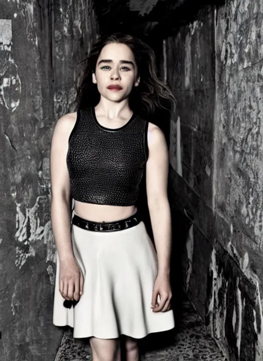 Image similar to emilia clarke in mini skirt and crop holter top tank top cyberpunk, platform boots, beautiful face, intricate, extremely detailed, modeling photography, 8 0 mm camera, dramatic lighting, dark room, body and face