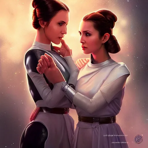 Image similar to princess leia organa and queen padme amidala holding hands, perfect face, perfect body, flirty, full body portrait, digital art by artgerm