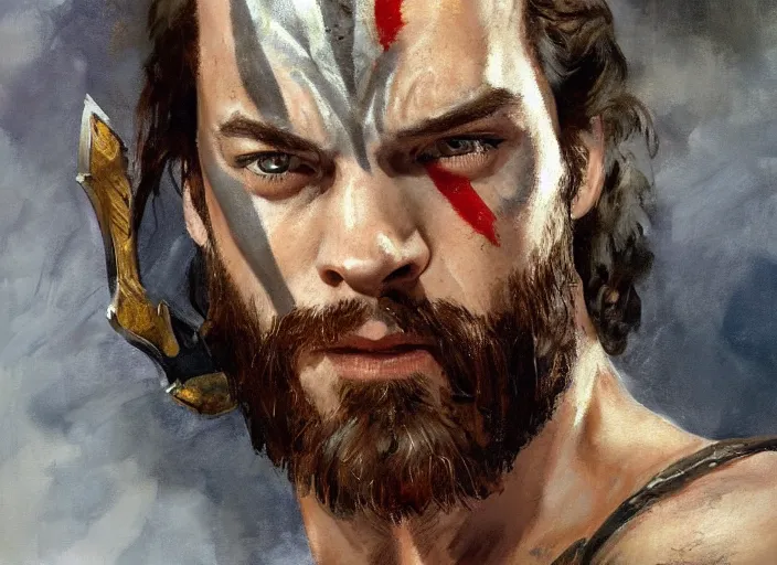 Image similar to a highly detailed beautiful portrait of harry styles as kratos, by gregory manchess, james gurney, james jean