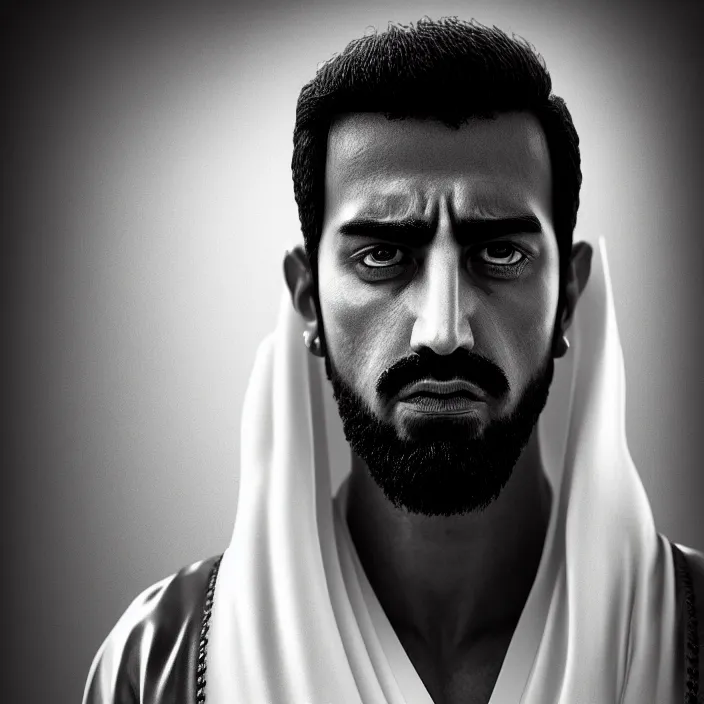 Prompt: cinematic bust portrait, sheikh, sultan, emir, head and chest only, dramatic pose, contemporary, masterpiece, cinematic composition, dramatic pose, beautiful lighting, sharp, details, hyper - detailed, hd, 4 k