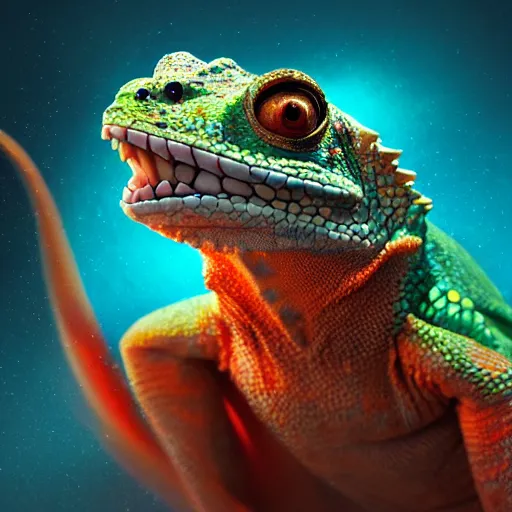 Prompt: close up portrait of a young chameleon lizard as a wizard, pixar style, stylized face, intricate detail, digital painting, glowing orange eyes, neon colors, particles floating, background by wlop, artwork by ross tran and ramond swanland and liam wong and mike winklemann, trending on artstation