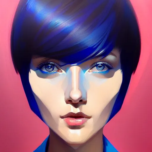 Prompt: woman with dark bobcut haircut with friendly blue eyes and slim features looking happy, futurist style, intricate, elegant gleaming jewelry, angelic halo, highly detailed, digital painting, artstation, concept art, smooth, sharp focus, illustration, art by wlop, mars ravelo and greg rutkowski