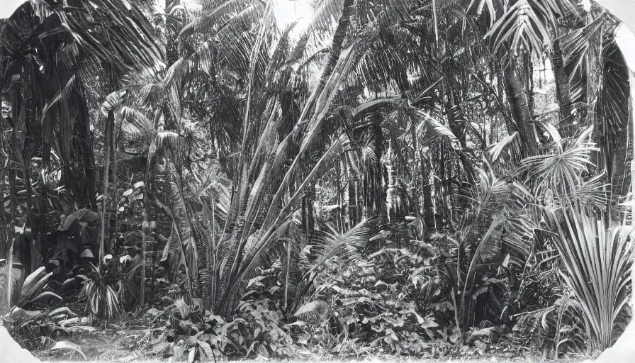 Image similar to lost film footage of a sacred object in the middle of the ( ( ( ( ( ( tropical jungle ) ) ) ) ) ) / film still / cinematic / enhanced / 1 9 2 0 s / black and white / grain