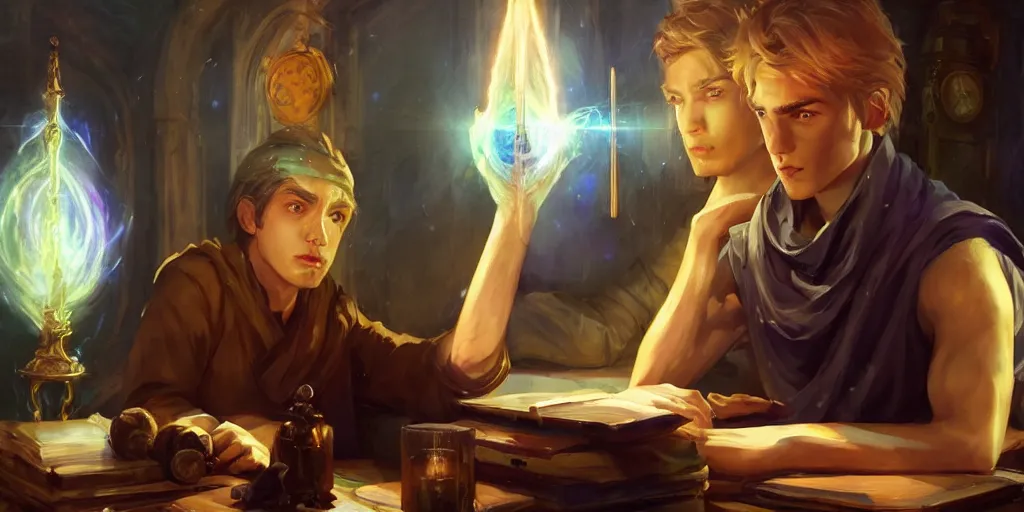 Image similar to a young caucasian male mage they are in a alchemy workshop working at there desk. coherent face, coherent hands, colorful, light rays, medium shot, waist up, sharp focus, bloom, dramatic lighting, very detailed, animation still by magali villeneuve, artgerm, jeremy lipkin and michael garmash, rob rey and kentaro miura style