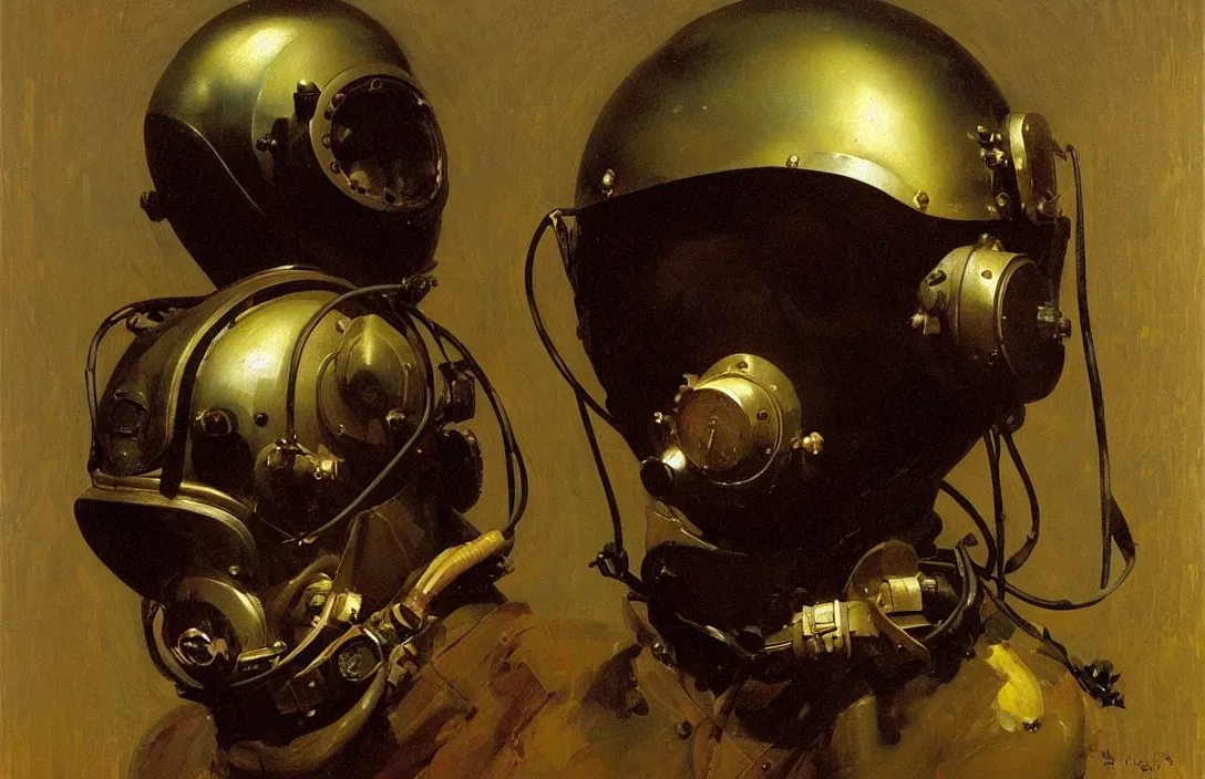 Image similar to portrait of deep sea diver helmet!!!!!!!!!!!!!!!!!!!!!!!!!!!, detailed face, detailed painting, epic lighting, by ilya repin, phil hale and kent williams