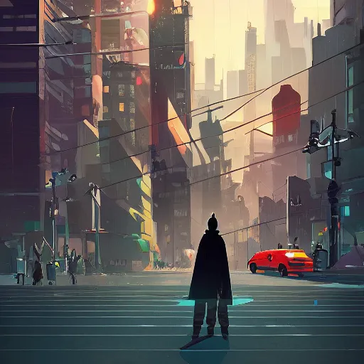 Prompt: damian wayne, city landscape, Gotham in the background, artstation, highly detailed, digital painting, by makoto shinkai and thomas kindle and James gilleard