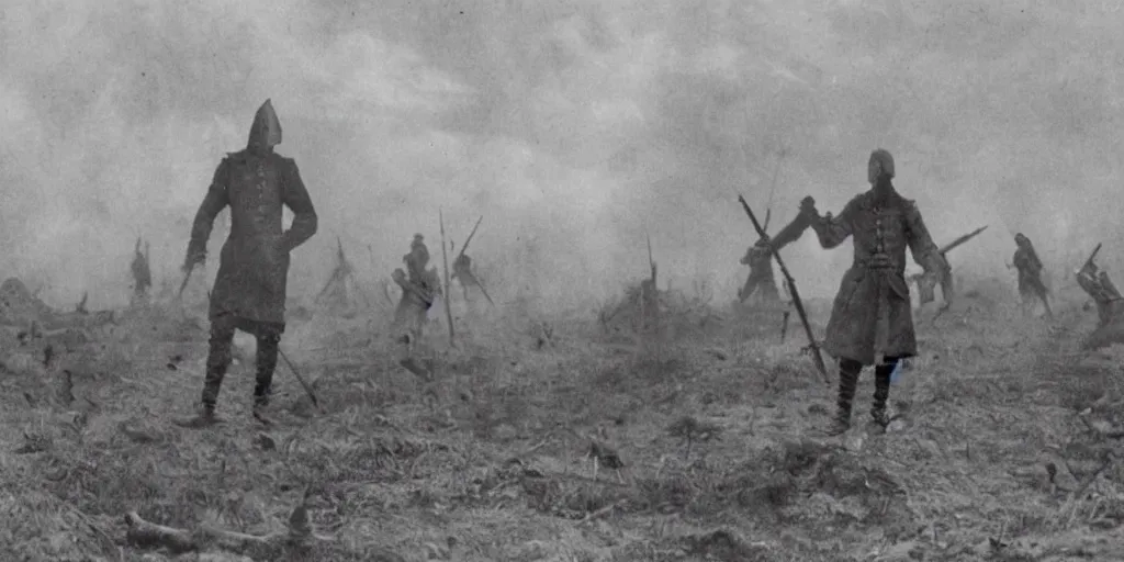 Image similar to scary unproportionable tall ghost creature in the middle of a battlefield, 1900s picture