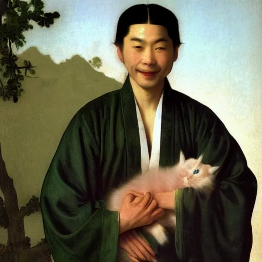 Image similar to A beautiful young Asian man with long shiny hair, light skin color and big green eyes in a beautiful traditional Chinese robe, holding a white fluffy kitten and watching dolphins playing in the pool, he is a prince and a serious person but is smiling, by Johannes Vermeer, Frank Frazetta and William Adolphe Bouguereau, fantasy, trending on artstation, amazing details, mtg, digital painting, concept art