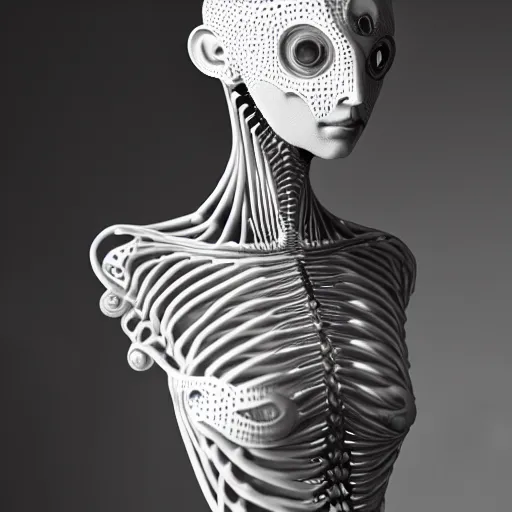 Prompt: black and white photographic foggy portrait, biomechanical beautiful young female priestess - robot bust, body ribs meshes,, volumetric light, rim light, by dora maar and cecile beaton, big gothic fashion pearl embroidered collar, 8 k