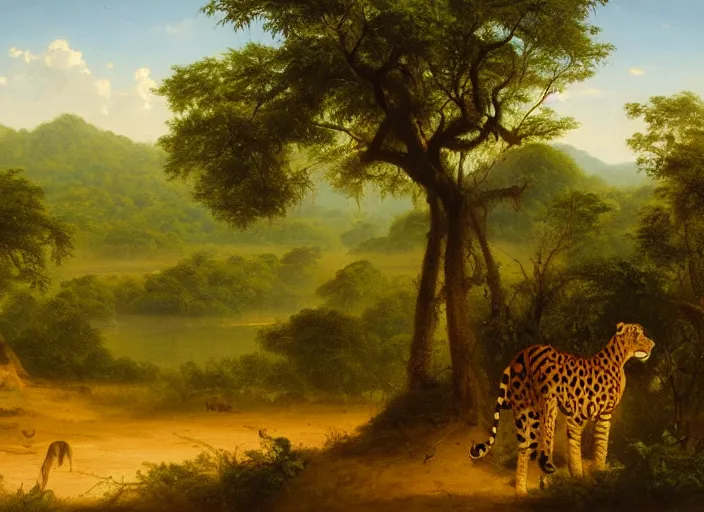 Image similar to the border of the jungle and the savannah in africa in the style of hudson river school of art, oil on canvas