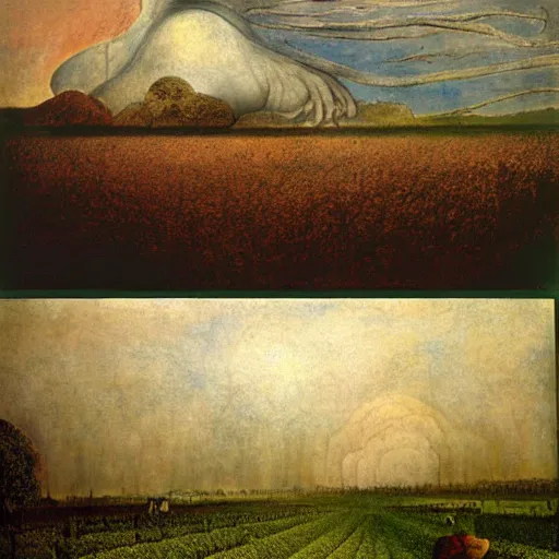 Image similar to by william blake, by odd nerdrum terrifying, stormy. a beautiful collage depicting a farm scene. the collage shows a view of an orchard with trees in bloom.