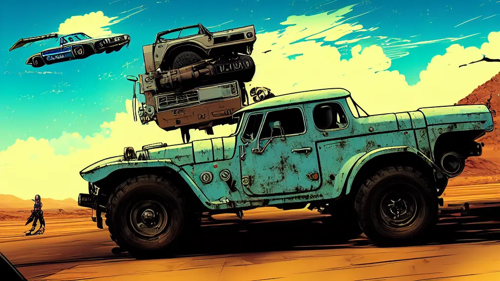 Image similar to digital illustration of mad max's fj 4 0 pursuit special, the last v 8 interceptor driving down a deserted cyberpunk highway in the middle of the day by studio ghibli, anime style year 2 0 9 3, by makoto shinkai, ilya kuvshinov, lois van baarle, rossdraws, basquiat