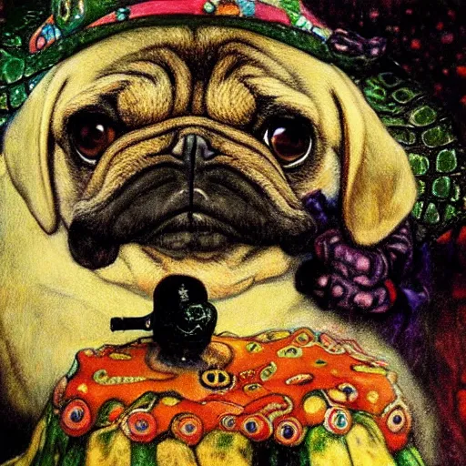 Image similar to pug caterpillar smoking hooka in wonderland, intricate detail, painting, jazz age, klimt, royo, frazetta, whealan,