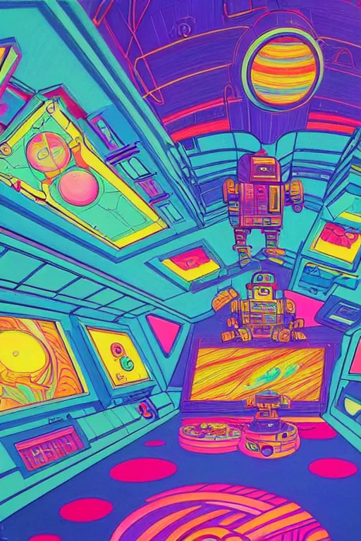 Prompt: a brightly colored drawing of a room with a bed in an 8 0 s art deco international space station, robots, led screens, droids, a detailed painting by lisa frank, james jean, kilian eng, moebius, featured on deviantart, psychedelic art, psychedelic, dmt