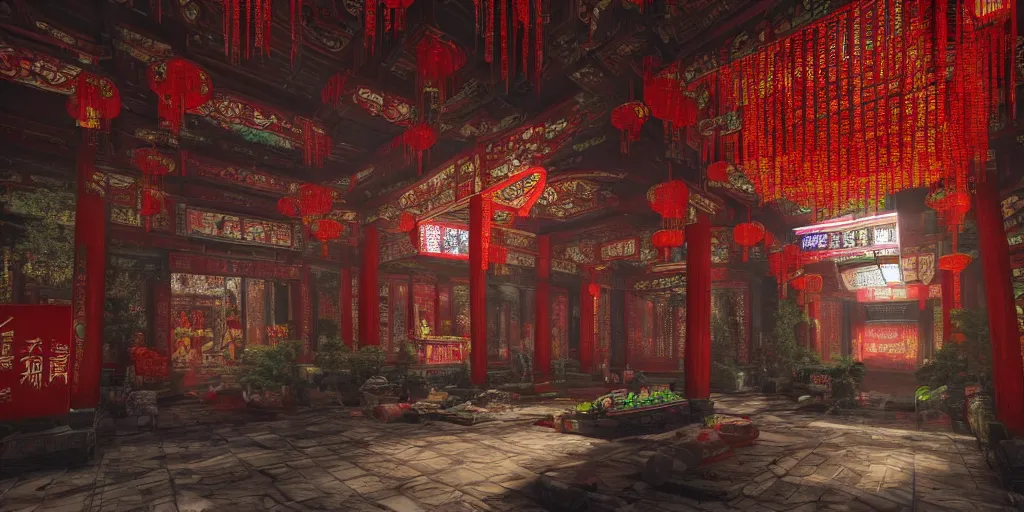 Prompt: a chinese temple with cyberpunk enhancements, detailed, atmospheric, 8 k